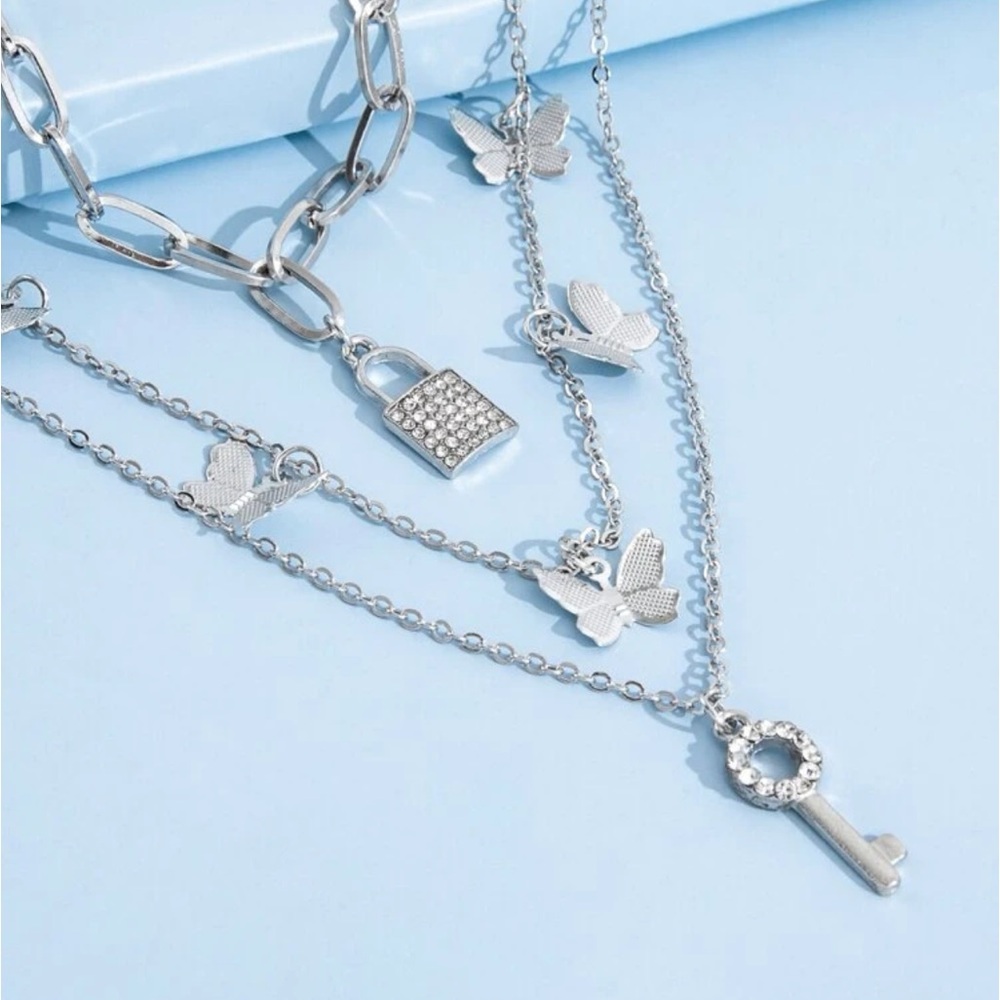 butterfly lock and key layered necklace